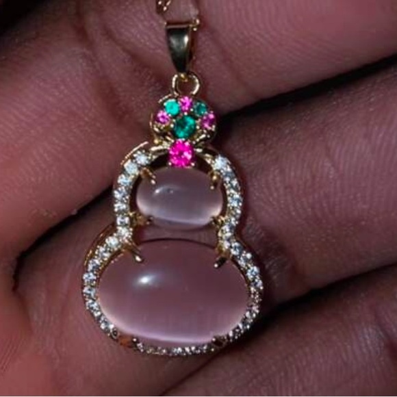 Gold Plated Pink, Red, And Colorful Cat's Eye Stone Gourd Chain Necklace - Picture 5 of 9